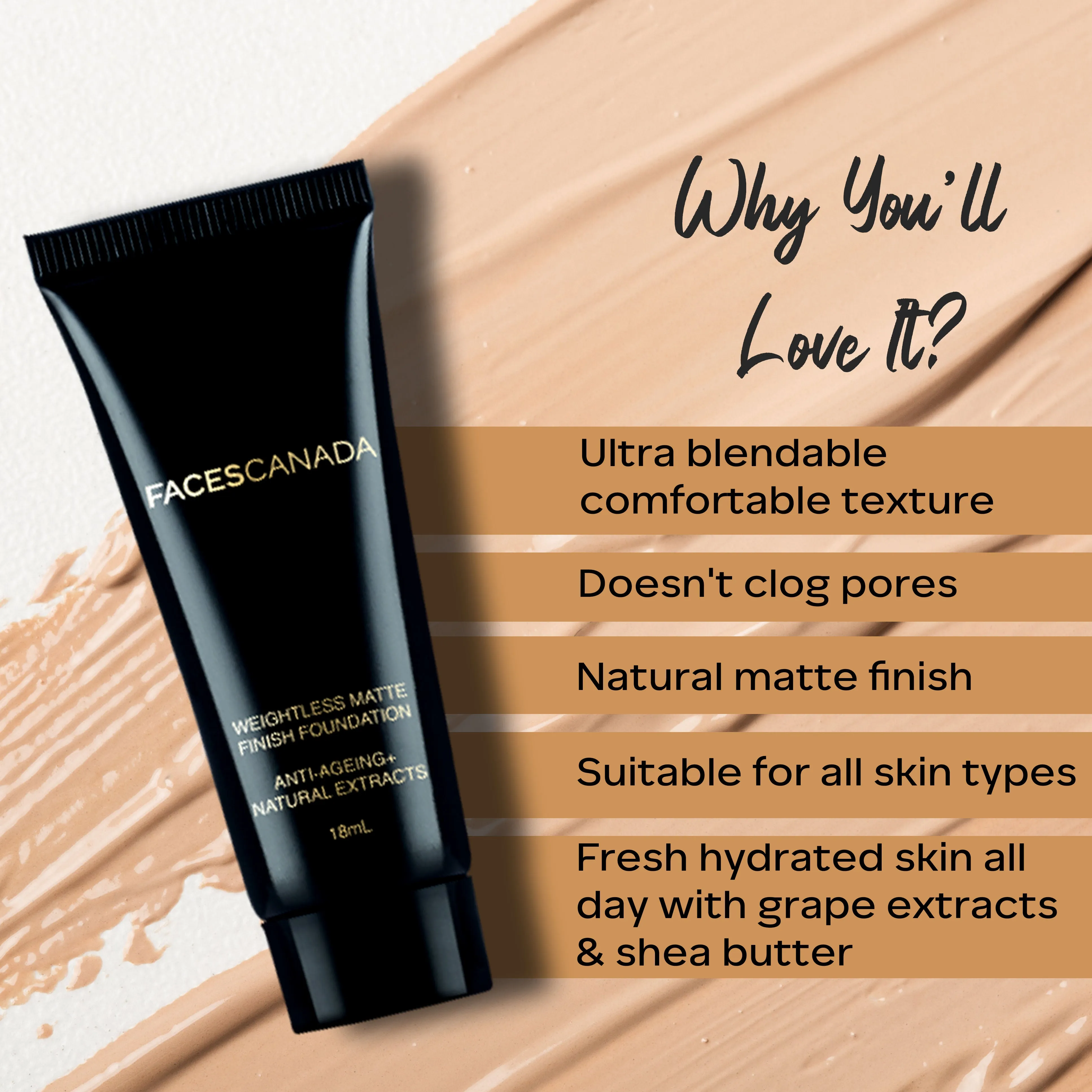 Faces Canada Weightless Matte Foundation | Grape extracts & Shea Butter |Natural Matte Finish | Dermatologically Tested | All Skin Types | Beige 18ml