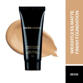 Faces Canada Weightless Matte Foundation | Grape extracts & Shea Butter |Natural Matte Finish | Dermatologically Tested | All Skin Types | Beige 18ml