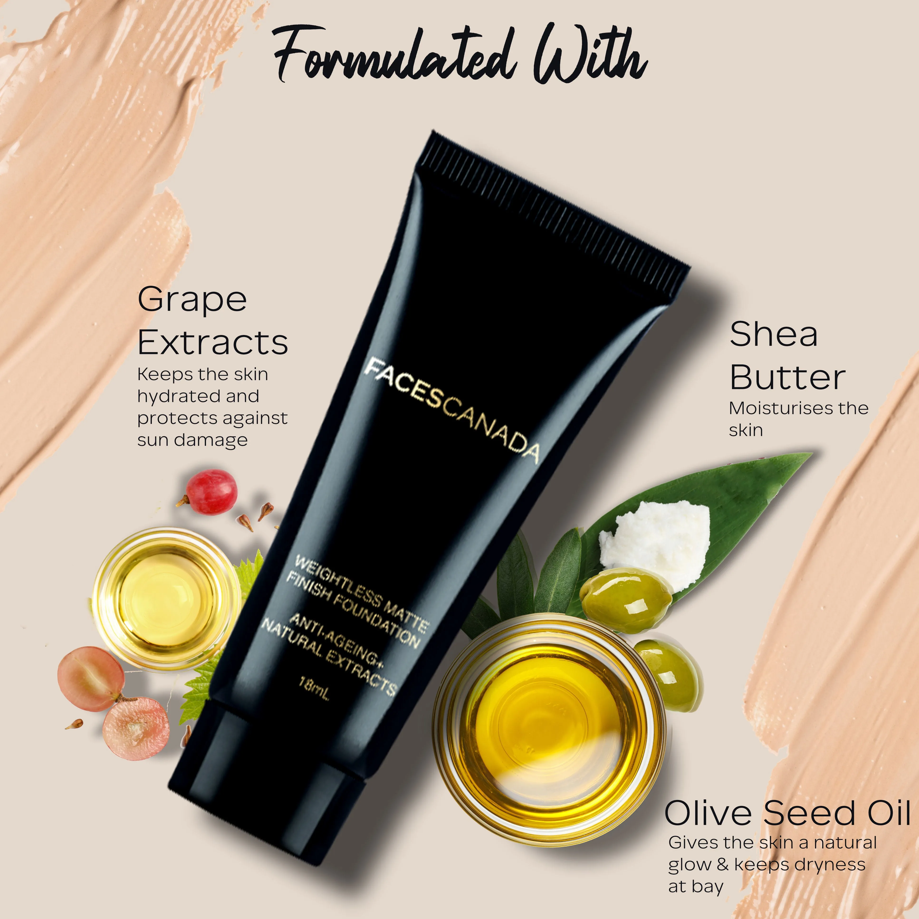 Faces Canada Weightless Matte Foundation | Grape extracts & Shea Butter |Natural Matte Finish | Dermatologically Tested | All Skin Types | Beige 18ml