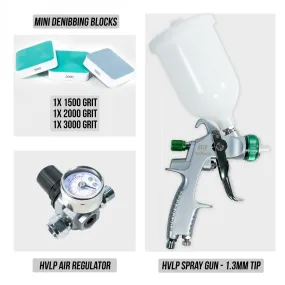 HVLP Spray Gun 1.3mm Tip, HVLP Air Regulator, Mini Denibbing Blocks - Package