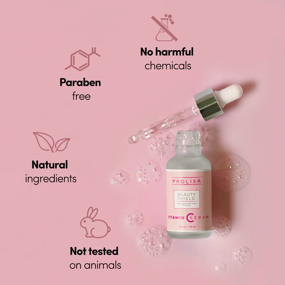 Prolixr Beauty Shield Vitamin C Serum for Glowing Skin- 30 ml, Skin Clearing Serum, Fades Dark Spot, Reduces Pigmentation, Even Skins Tone, Remove Excess Oil, Soothes Redness, Sun Damage Protection