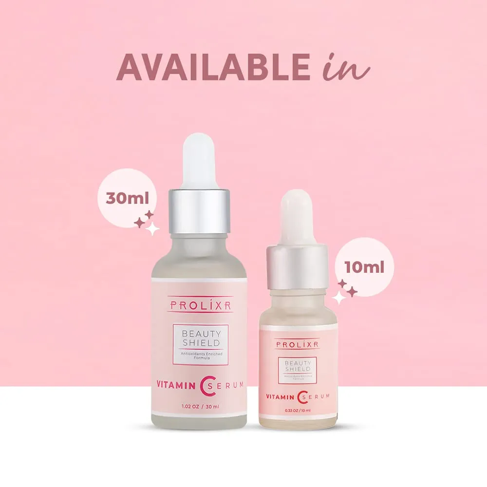 Prolixr Beauty Shield Vitamin C Serum for Glowing Skin- 30 ml, Skin Clearing Serum, Fades Dark Spot, Reduces Pigmentation, Even Skins Tone, Remove Excess Oil, Soothes Redness, Sun Damage Protection