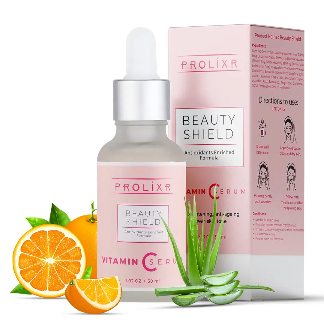 Prolixr Beauty Shield Vitamin C Serum for Glowing Skin- 30 ml, Skin Clearing Serum, Fades Dark Spot, Reduces Pigmentation, Even Skins Tone, Remove Excess Oil, Soothes Redness, Sun Damage Protection